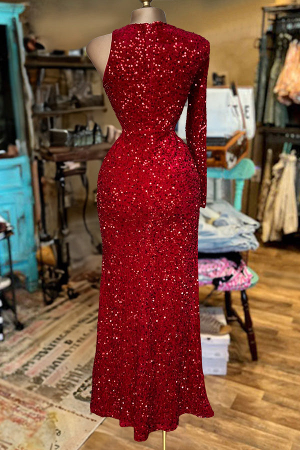 Sexy Shining Rhinestone One-shoulder Slit Sequin Dress