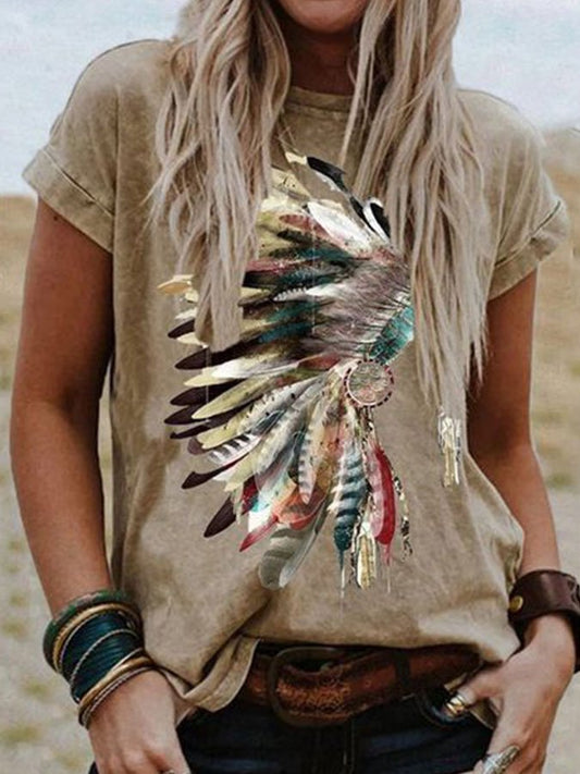 Western Feather Print Short Sleeve T-Shirt