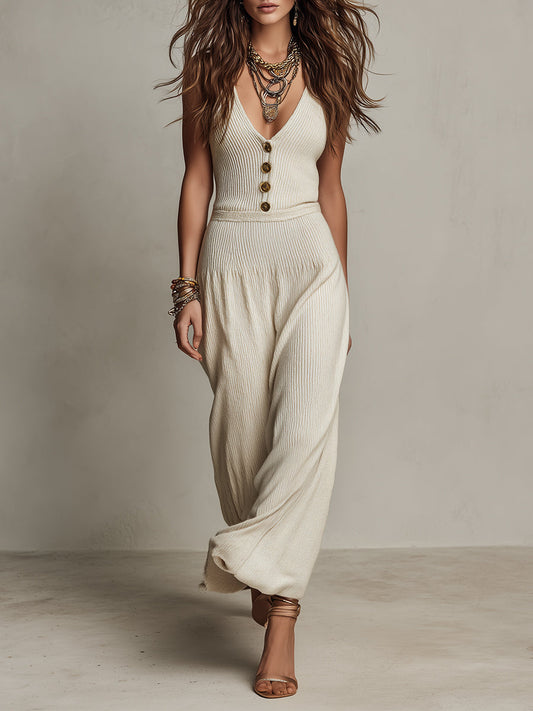 Vintage Knitted Button-down Sleeveless Maxi Dress