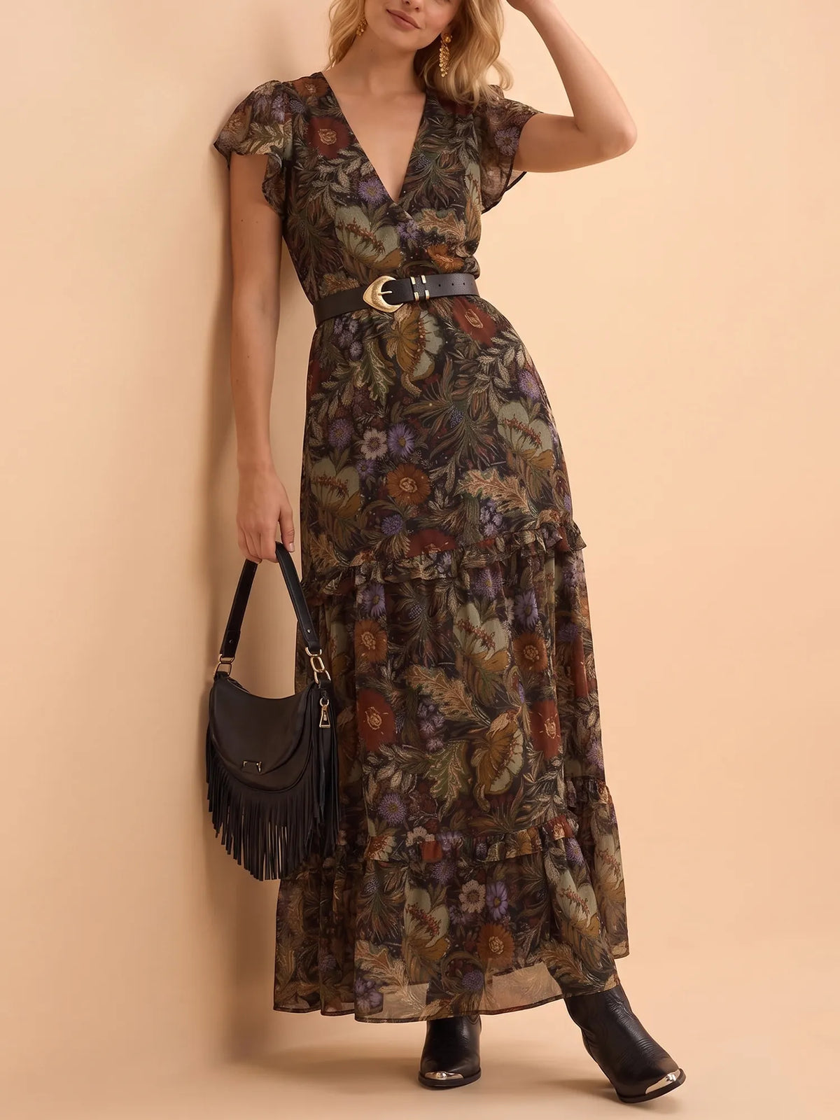 Western Dress — Earthy Khaki Plunging V-Neck High Slit Georgette Maxi Dress