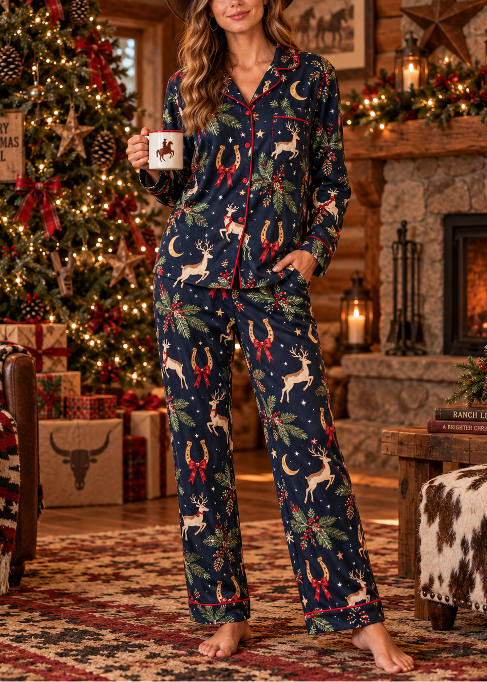 Women's Western Christmas Reindeer Horseshoe Long Sleeve Pants Suit