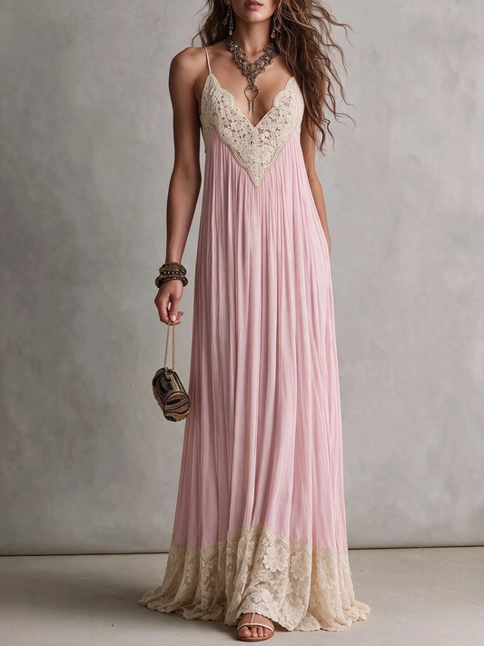 Pink Lace Trim Pleated Maxi Dress