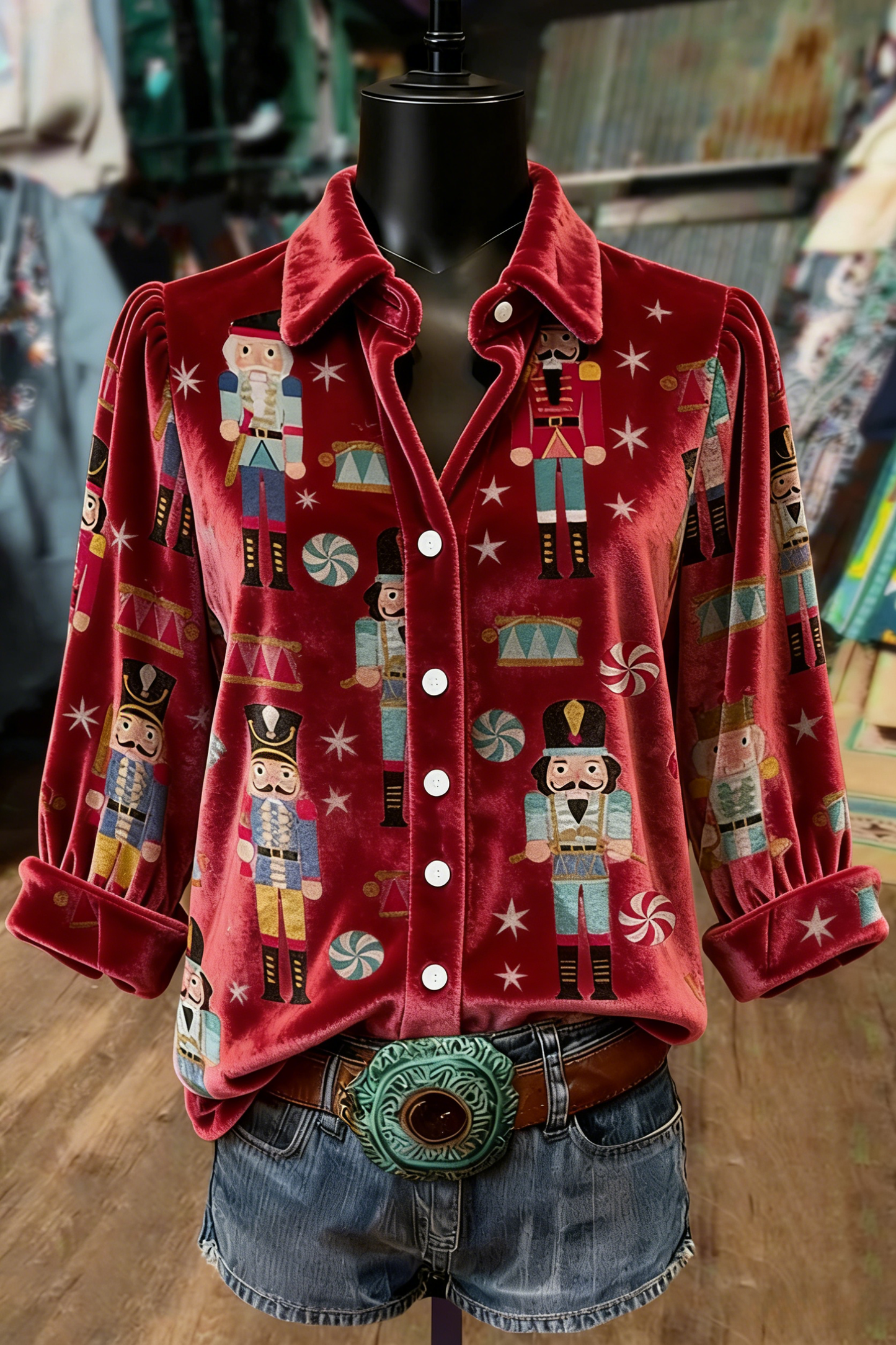 Christmas Nutcracker Print Print Collared Velvet Top