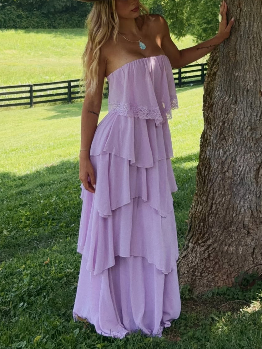 Lavender Tiered Ruffle Strapless Maxi Dress