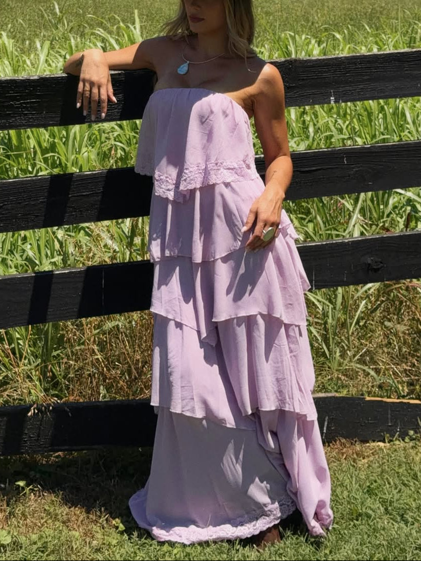 Lavender Tiered Ruffle Strapless Maxi Dress