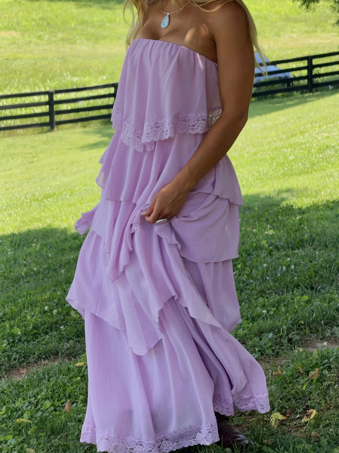 Lavender Tiered Ruffle Strapless Maxi Dress