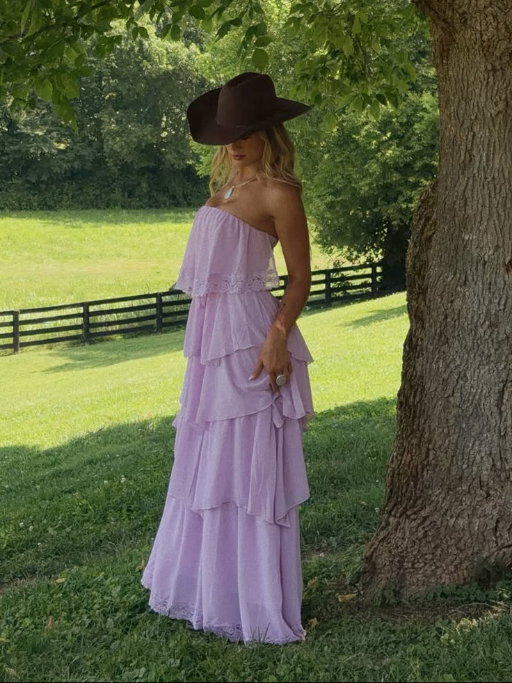 Lavender Tiered Ruffle Strapless Maxi Dress
