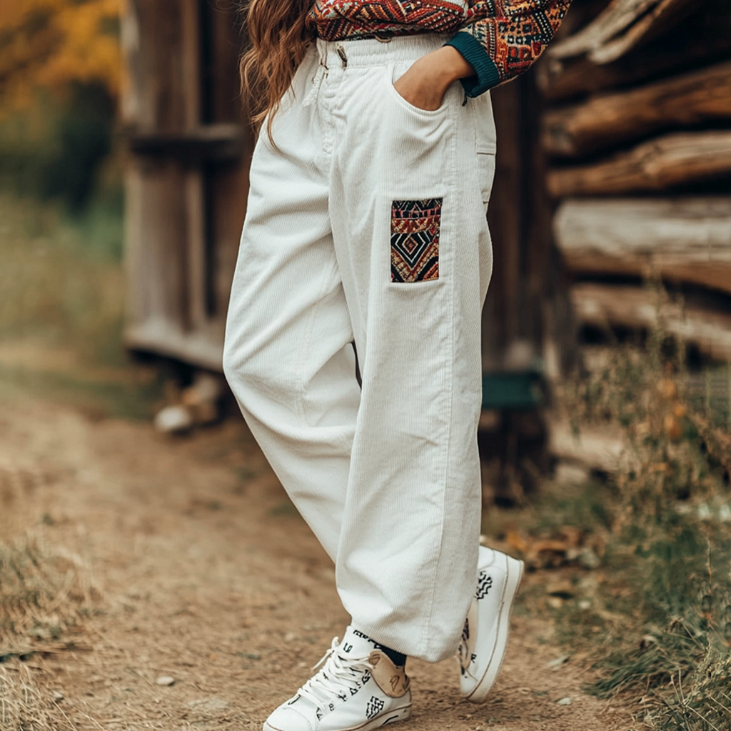 Women's Loose Corduroy Casual Trousers, Simple Ethnic Style Comfortable Elastic Waist Small Leg Trousers