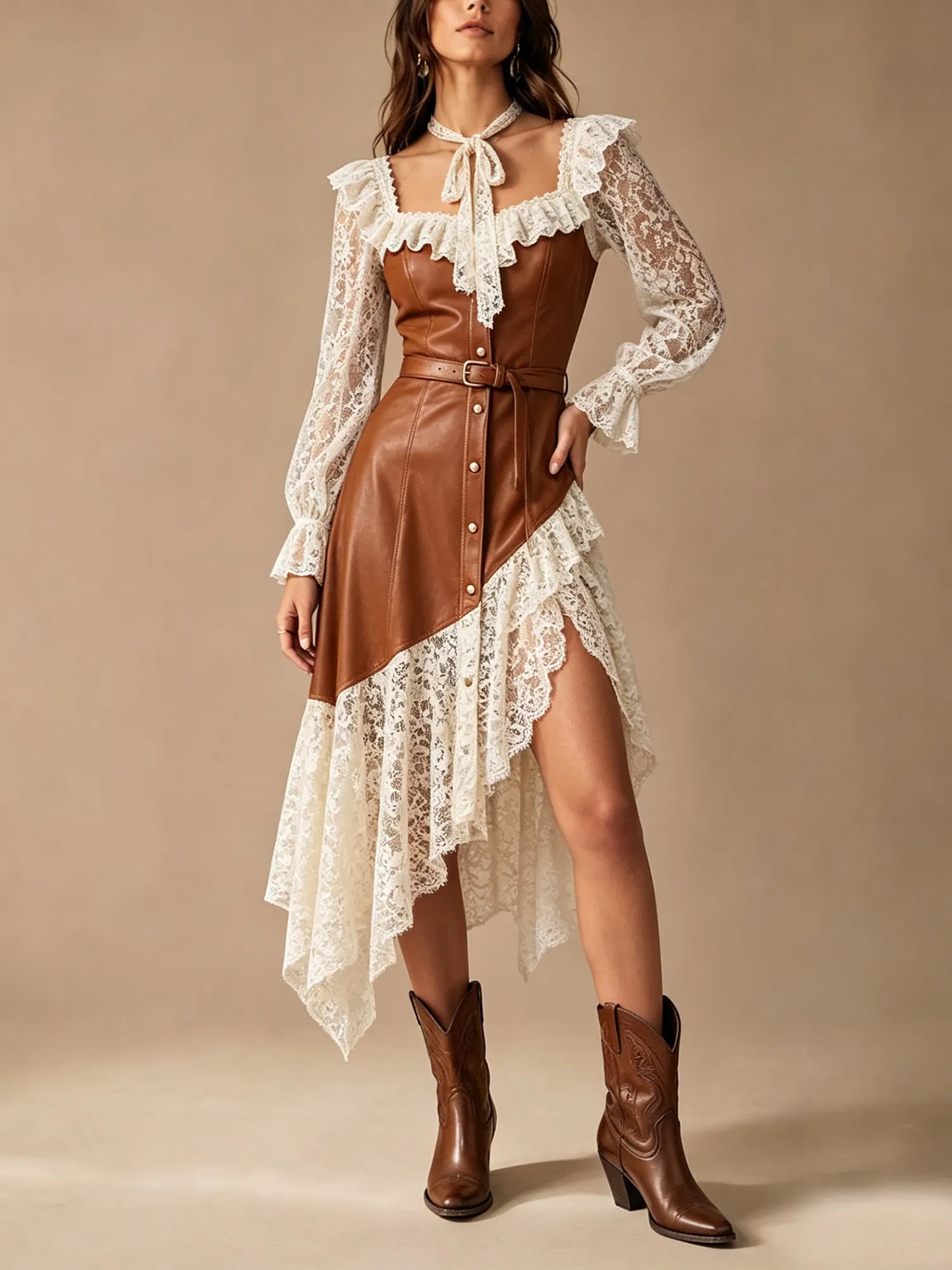 Western-style dress — Cognac brown vest with a cinched waist and belt, asymmetrical ruffles, PU leather and lace trim, Midi Dress