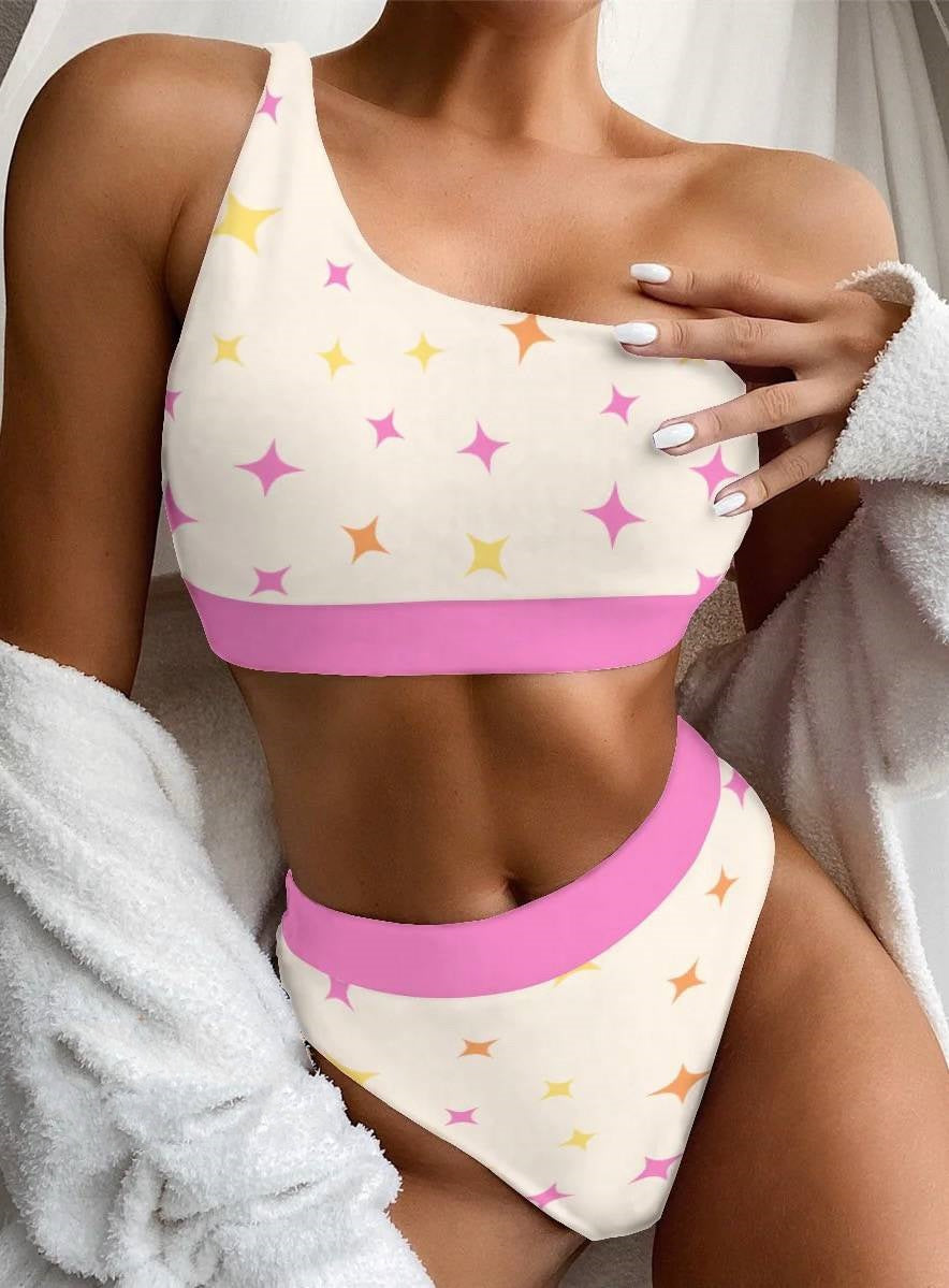 Cowboy Print One Shoulder Bikini Set