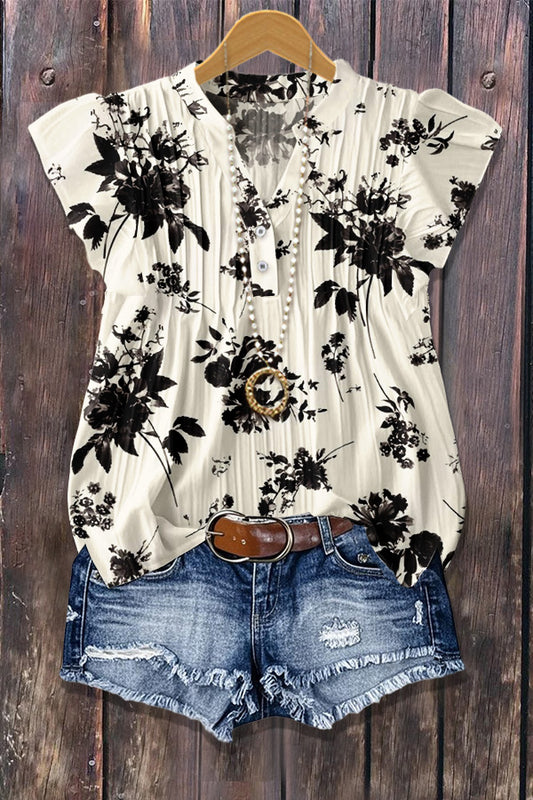 Chic Floral Print Flutter Sleeve Ribbed Top