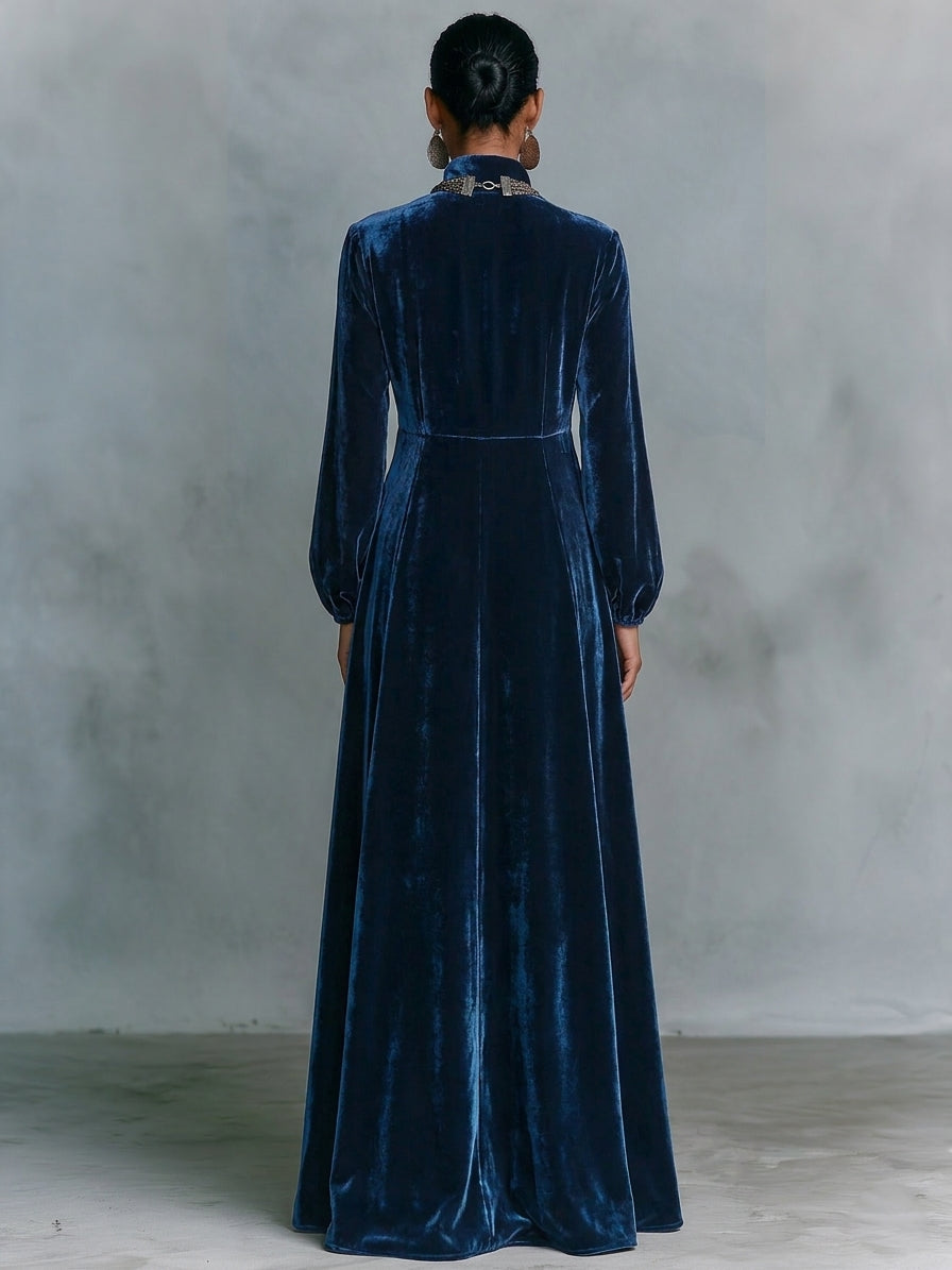 Women's Vintage Single-Breasted Velvet Maxi Dress