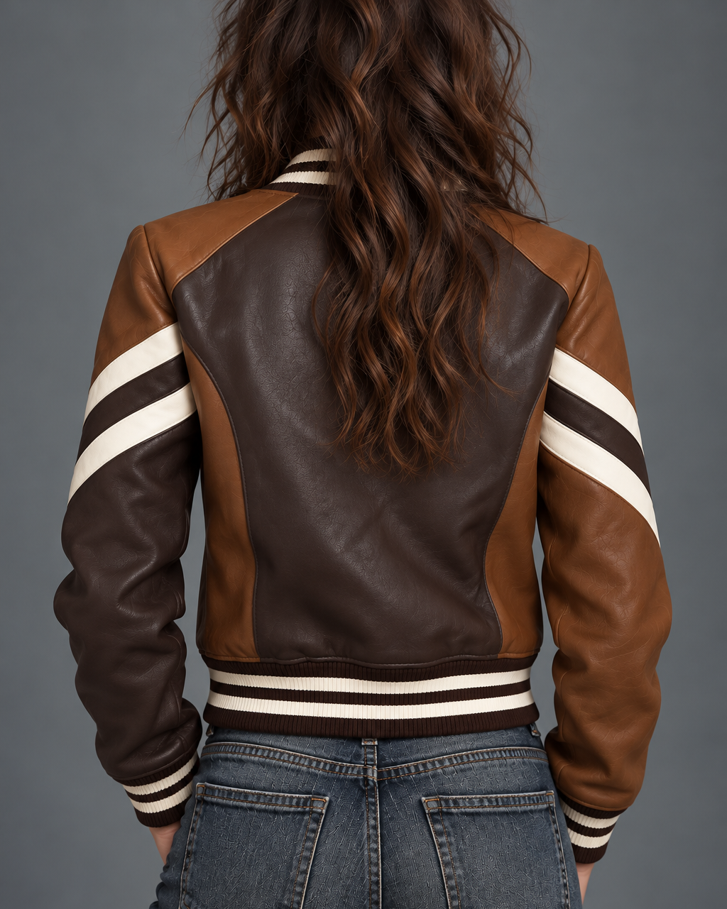 Brown Striped Leather Bomber Jacket