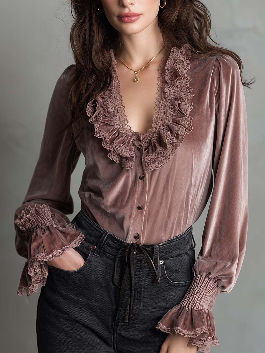 Dusty Rose Velvet Ruffle Blouse With Lace Trim