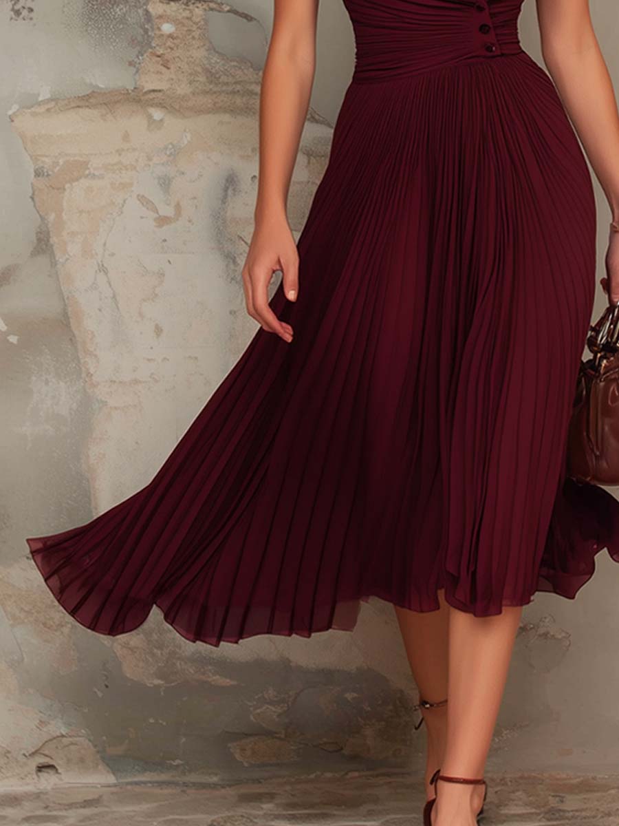 Vintage Pleated V-neck Midi Dress