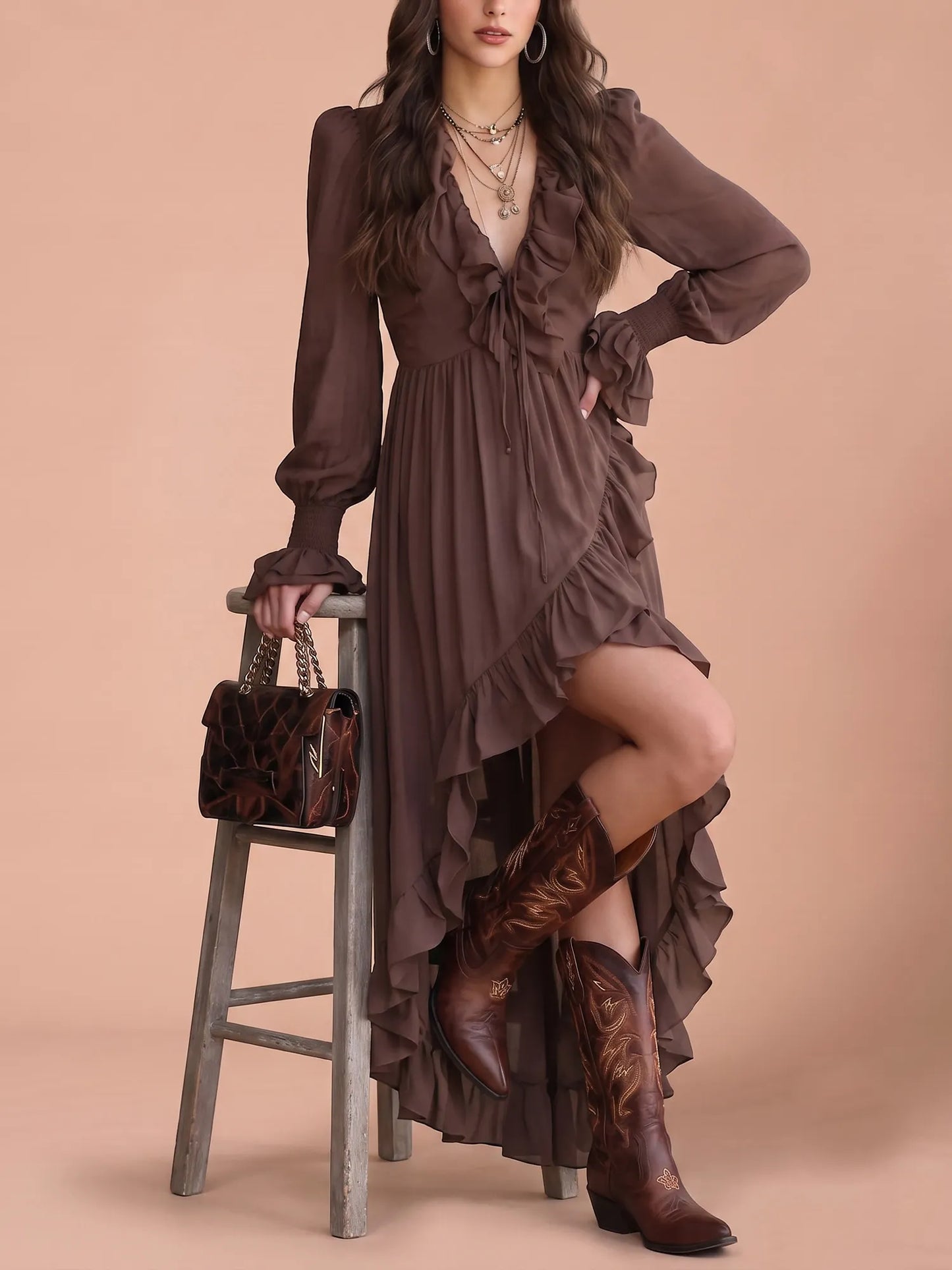 Dark Brown Plunge V-Neck Cascading Ruffle High-Low Chiffon Maxi Dress
