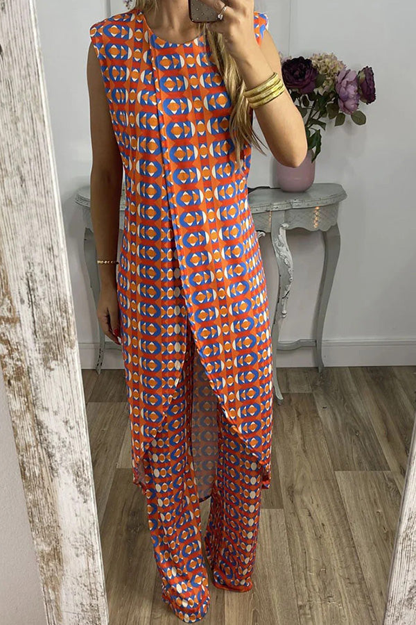 Retro Print Casual Split Top Two-Piece Set