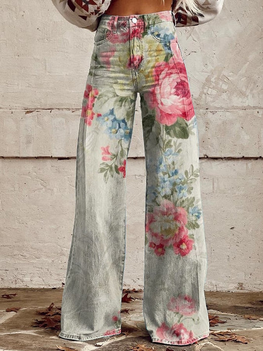 Women's Vintage Botanical Floral Wide Leg Pants