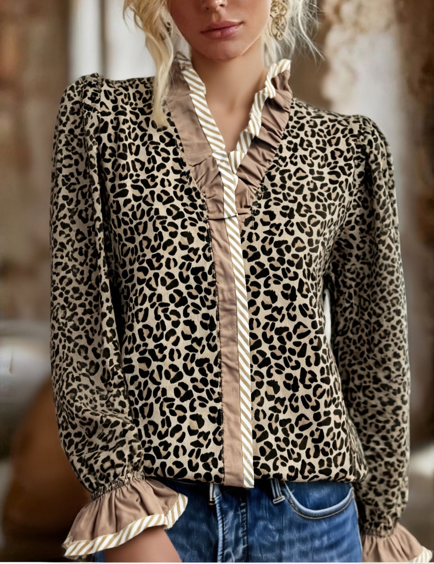 Leopard Print Ruffle Neck Long Sleeve Top