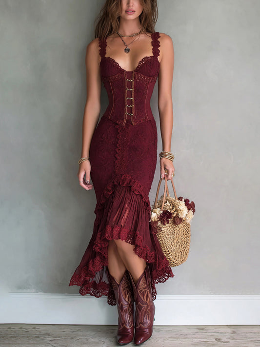 Lace Corset Midi Dress With Ruffled Hem And Front Lace-Up Detail