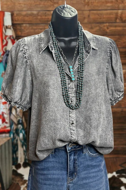 Puff Sleeve Washed Denim Shirt