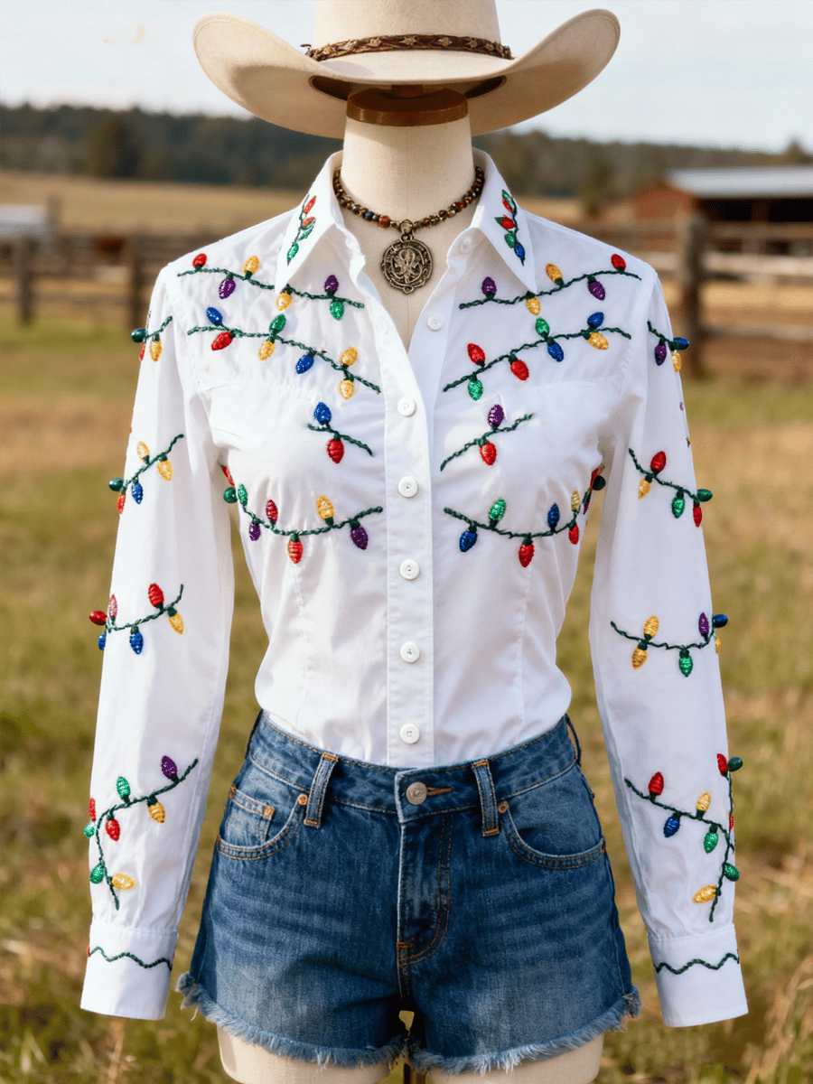 Women's Retro Western Christmas Colorful Lights Print Long Sleeve Shirt