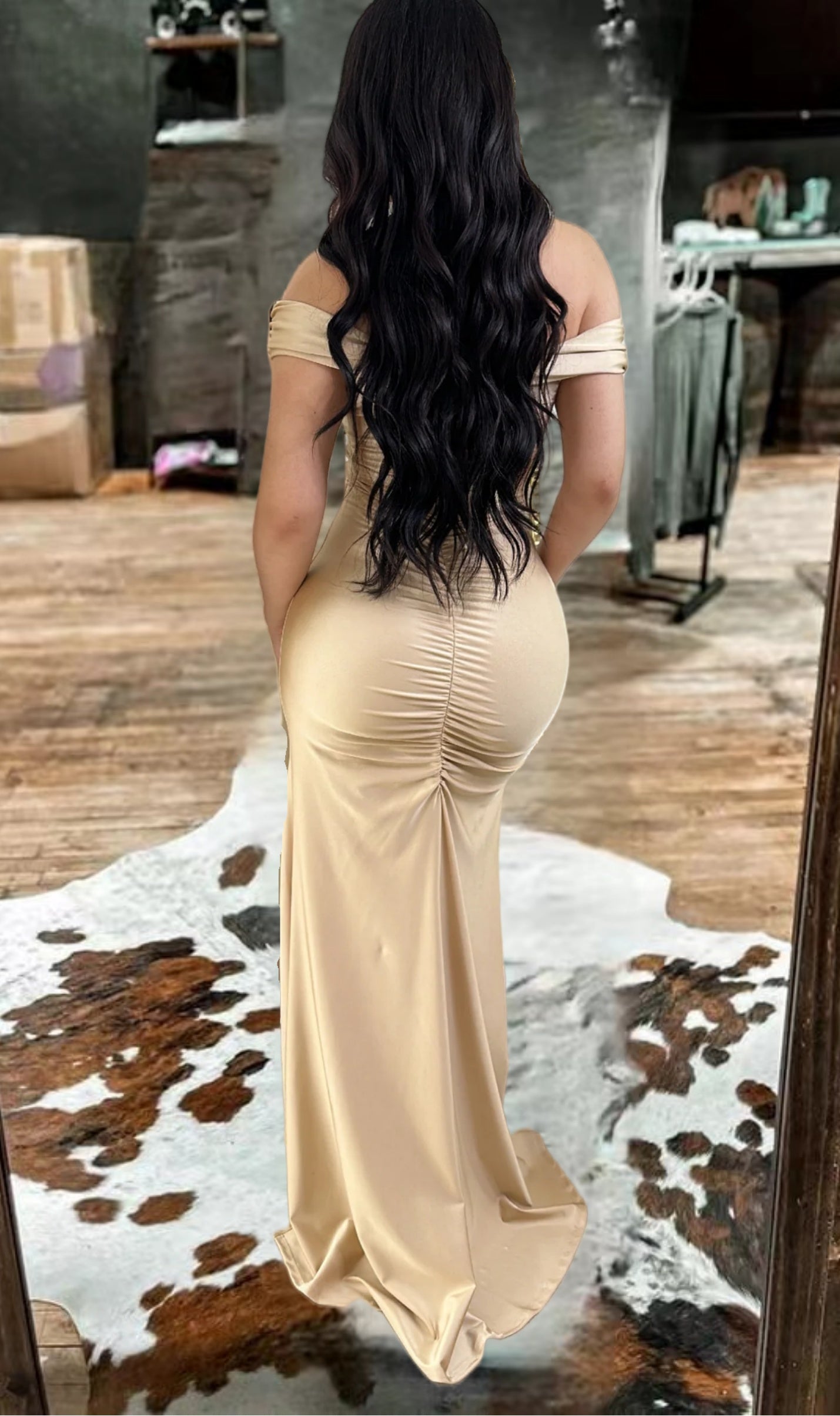 Off-Shoulder Ruched Evening Maxi Dress