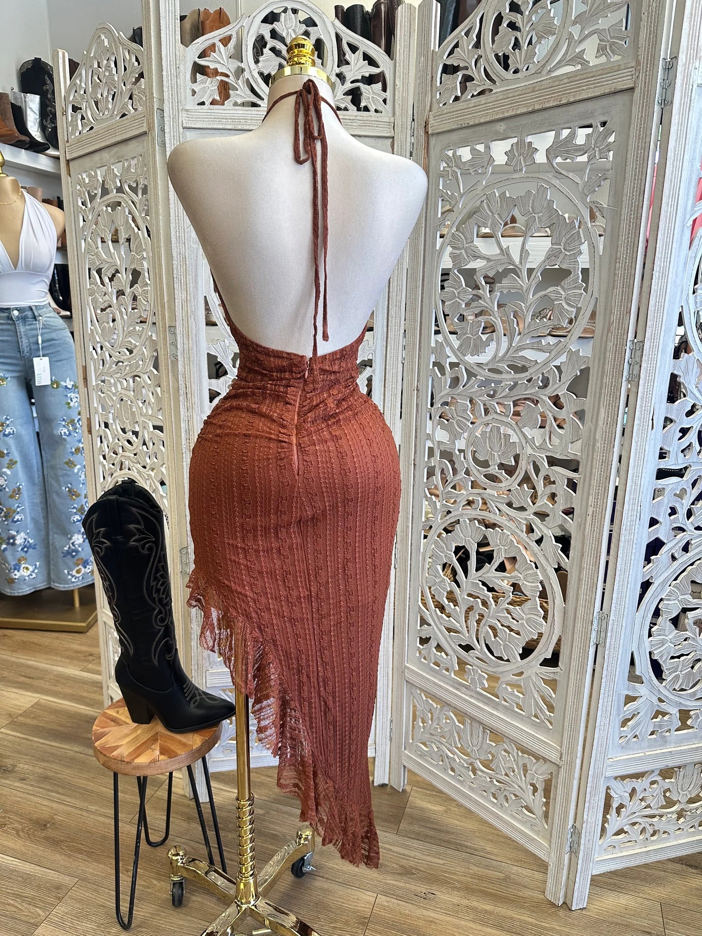 Western Boho Ruffle Halter Dress – Caramel Brown