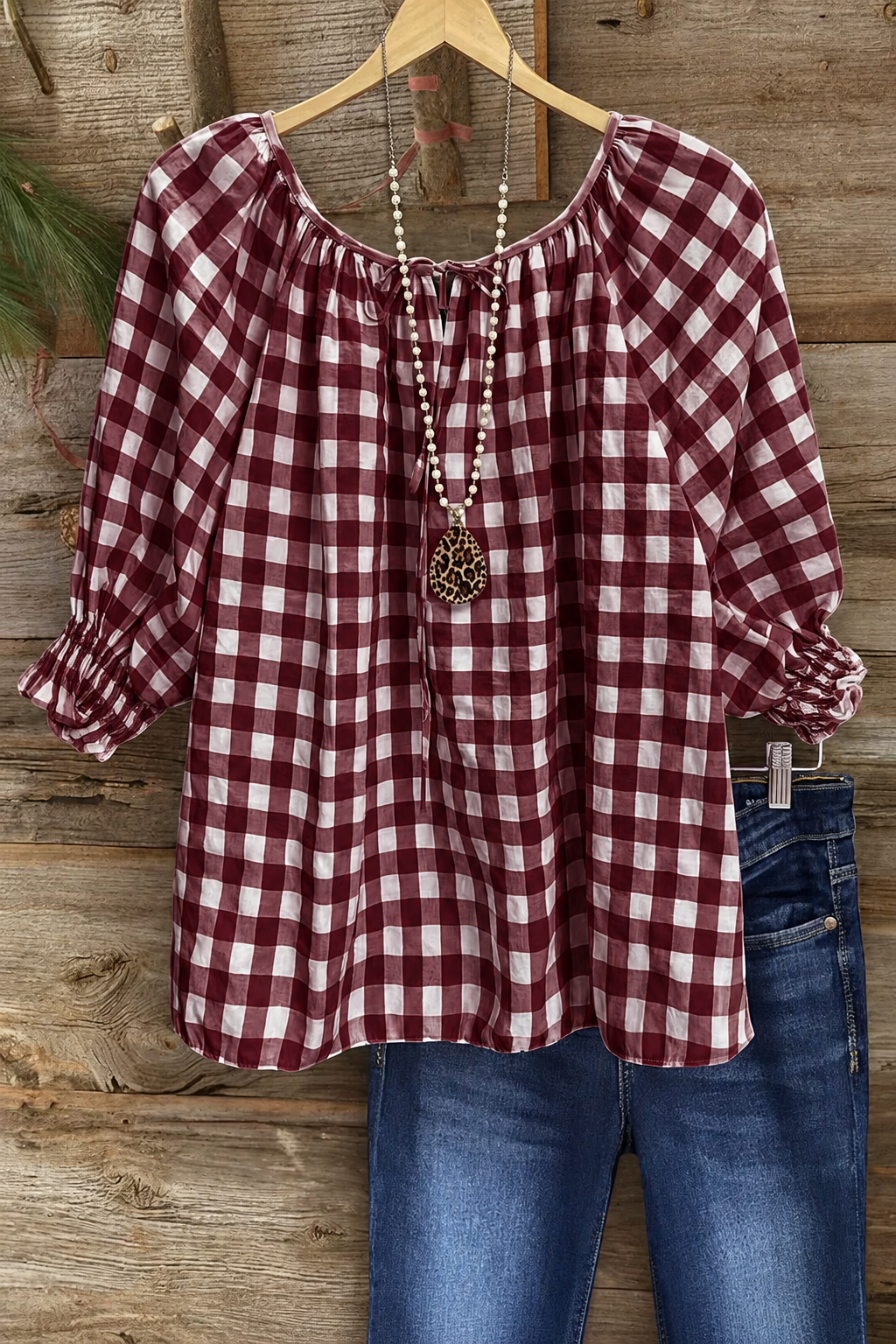 Cotton Plaid Gathered Cuff Top