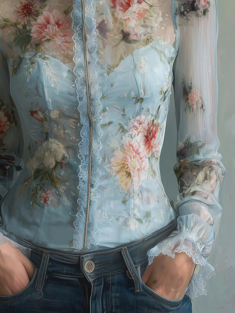 Vintage Oil Painting Floral Print Lace Blouse