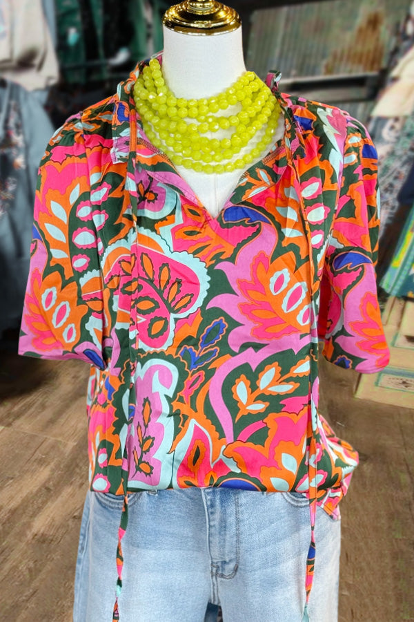 Tropical Print Tie Neck Top