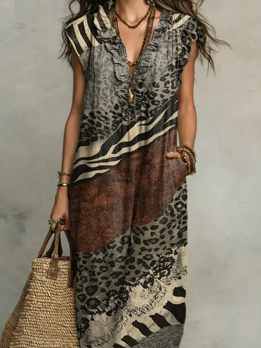 Women's Retro Pattern Art Print Casual Ruffled Stylish Dress