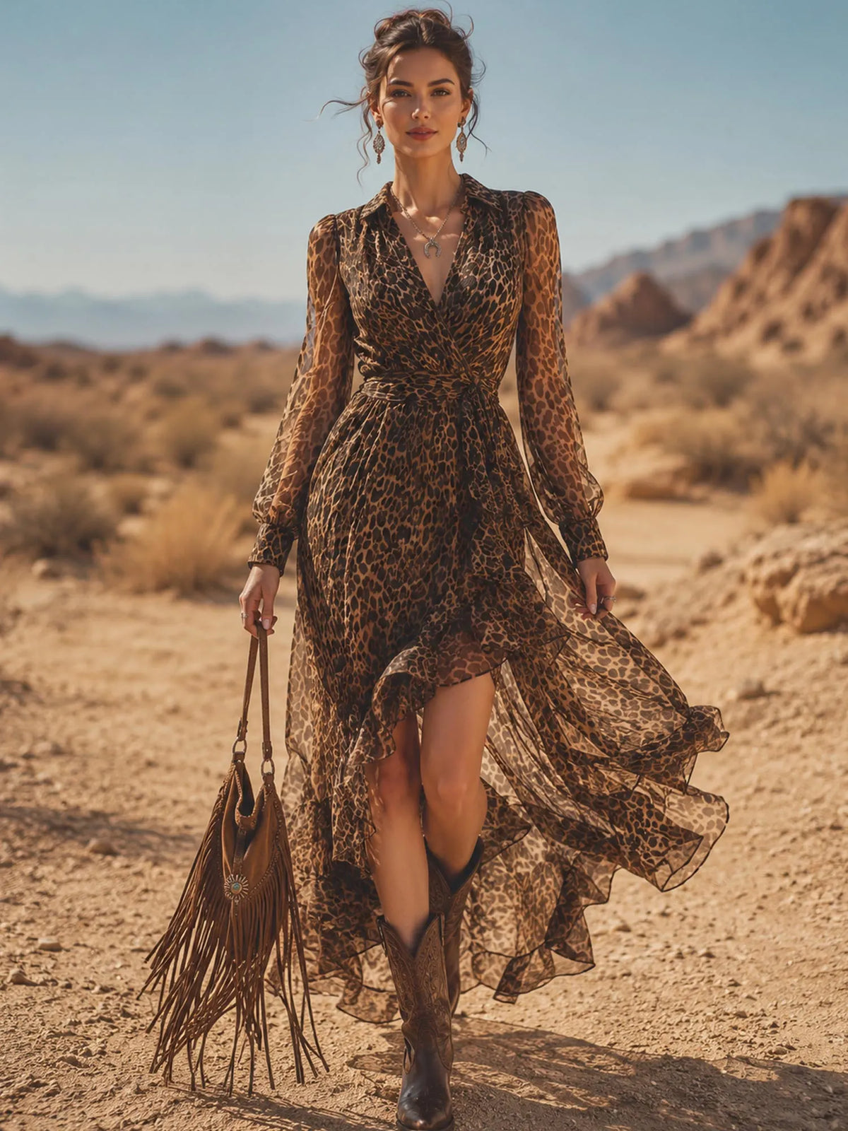 Perfect for Country Music Festivals — Caramel Cheetah Pattern Ruffle Trim Asymmetric Hem Breathable Georgette Women Wrap Maxi Dress