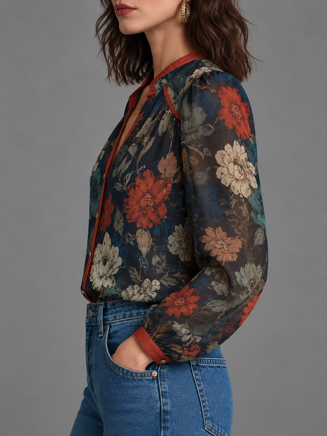 Navy floral lantern sleeve blouse, side view