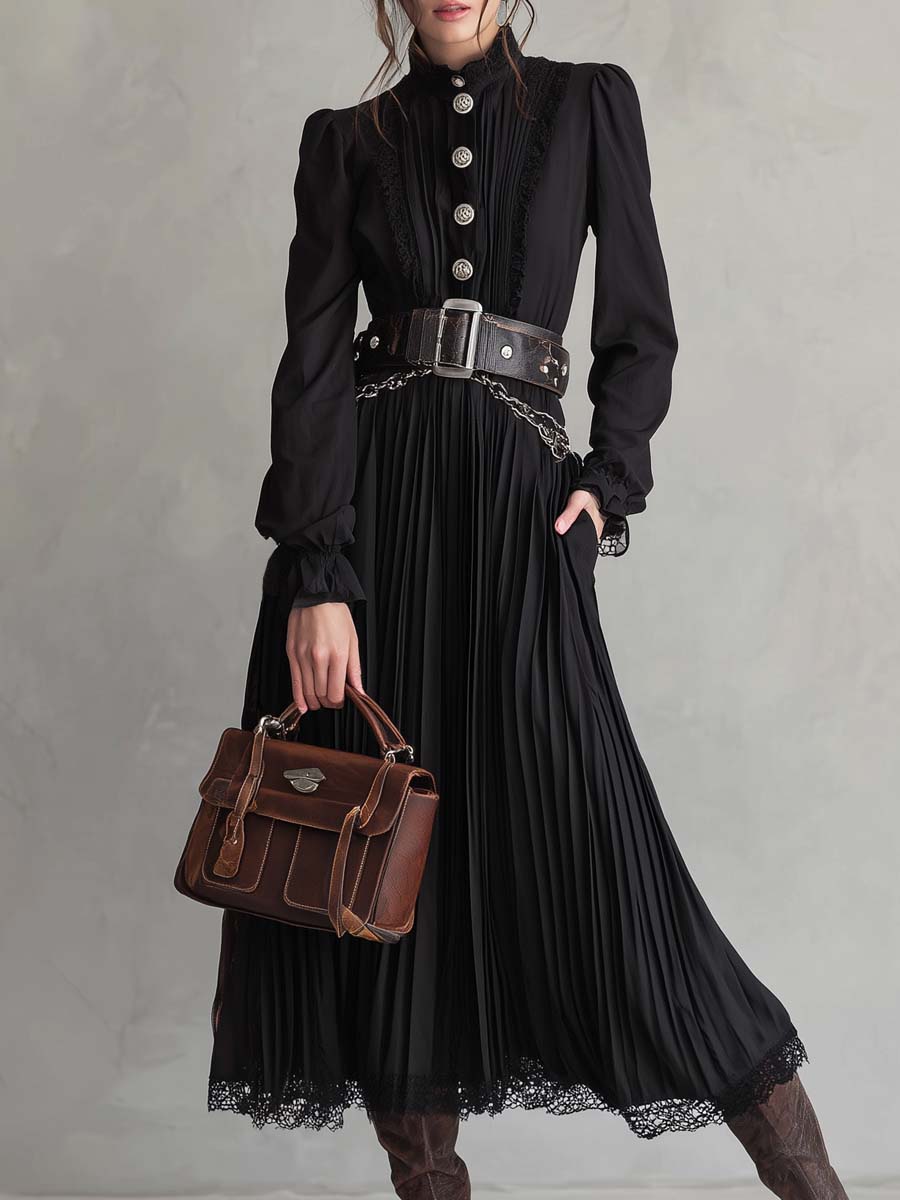 Vintage Button Lace Hem Pleated Midi Dress