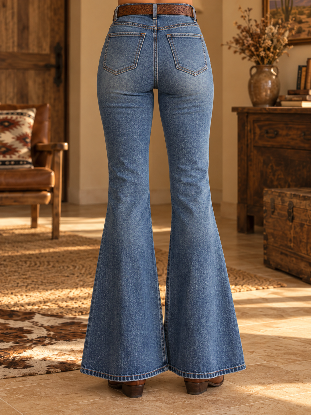 Medium Blue Embossed Floral High Waist Bell Bottom Flare Jeans