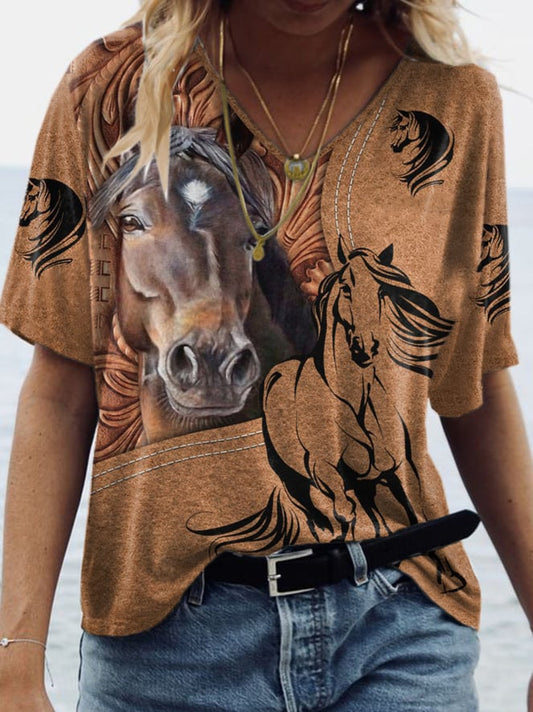 Women's Vintage Western Horse Print V Neck T-shirt