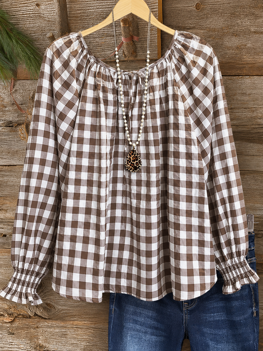 Plaid Gathered Cuff Peasant Top