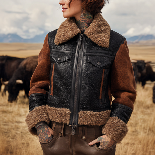 Women's Vintage Rustic Elegance: Leather And Shearling Jacket In The Wilderness