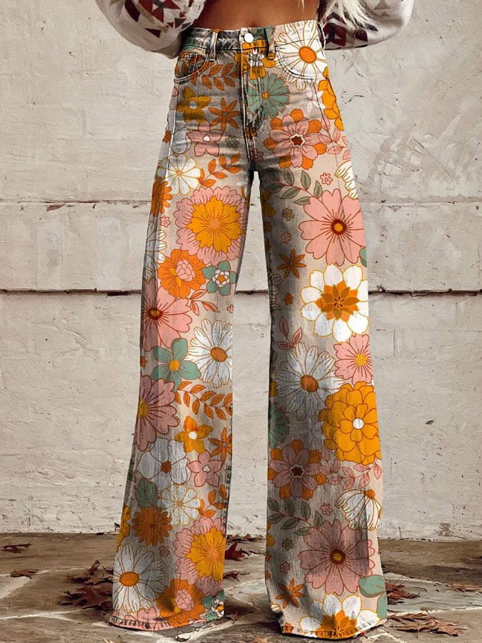 Women's Vintage Botanical Floral Wide Leg Pants