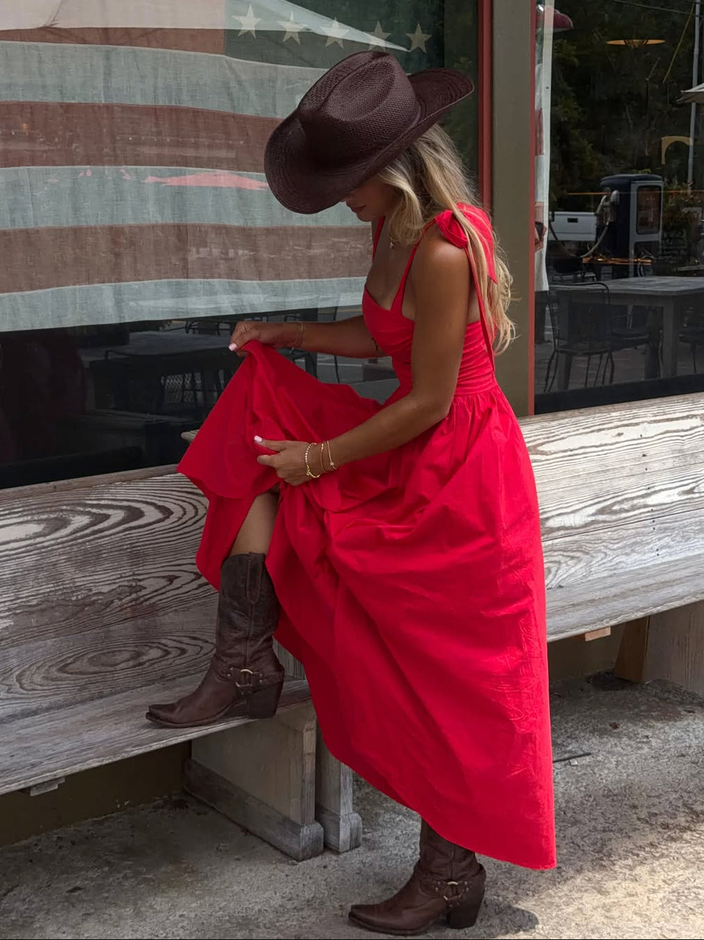 Red Ruched Tie-Strap Slit Maxi Dress