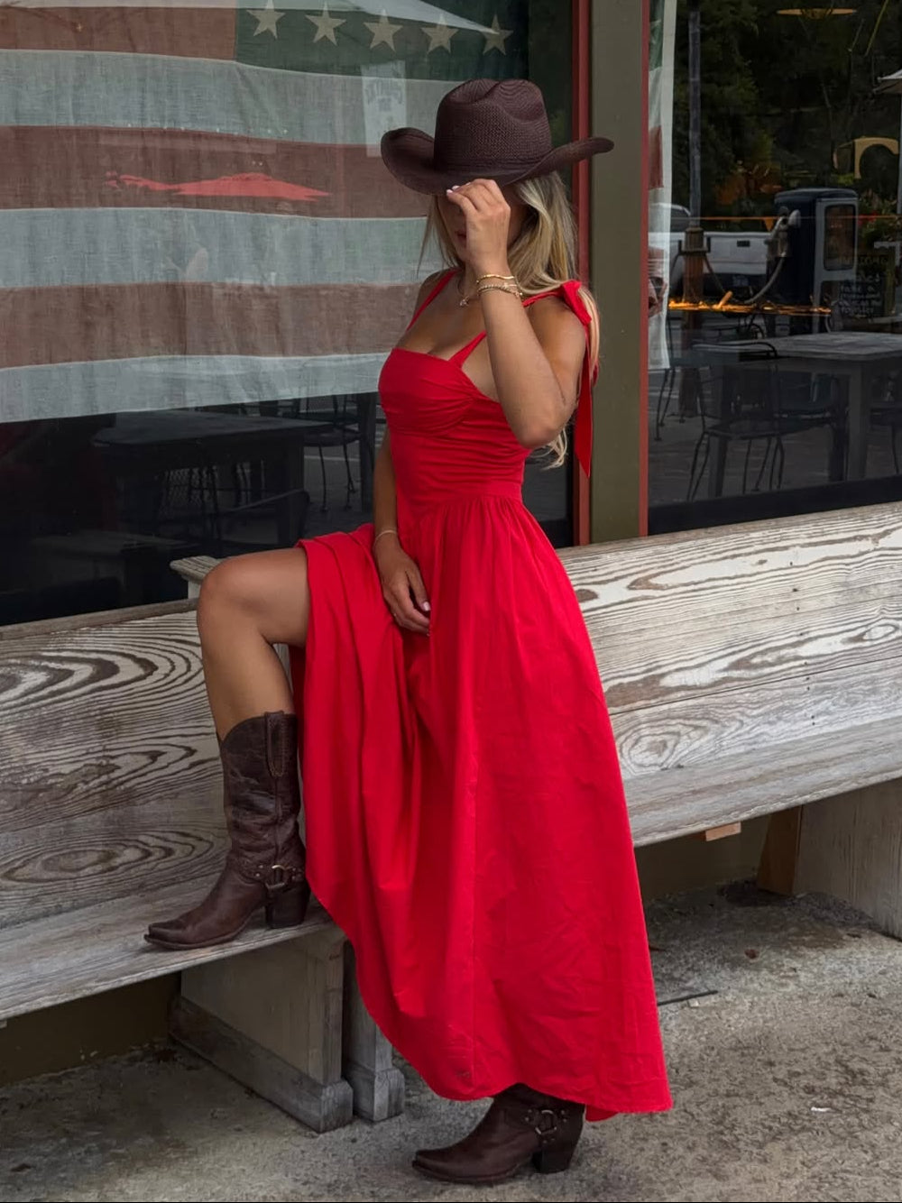 Red Ruched Tie-Strap Slit Maxi Dress