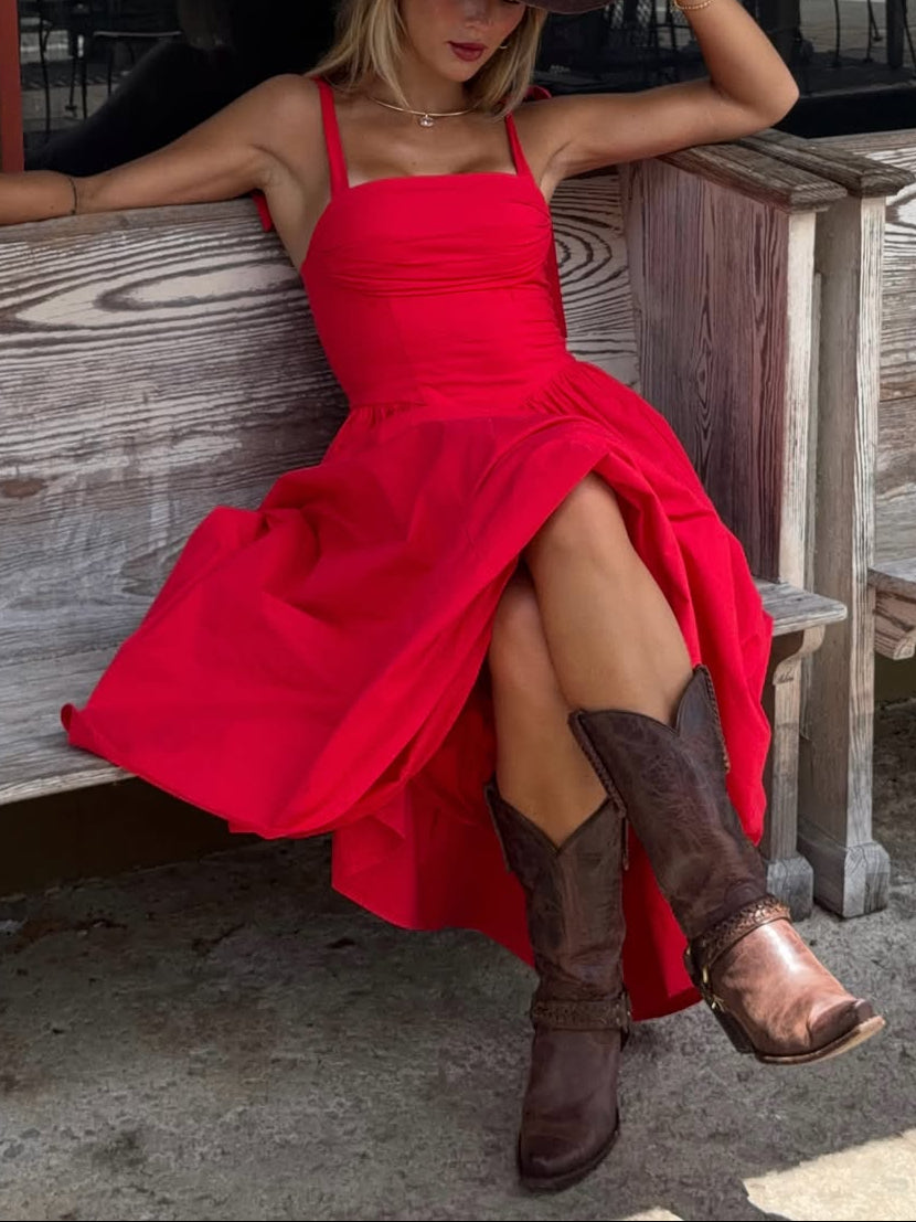 Red Ruched Tie-Strap Slit Maxi Dress