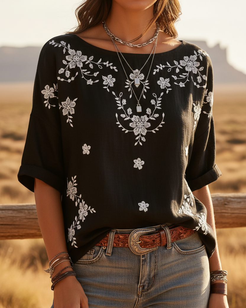 Black Floral Embroidery Top