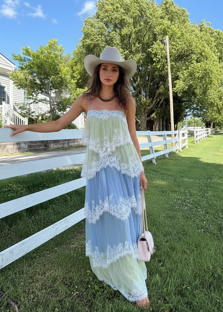 Blue Green Lace Dress Western Style