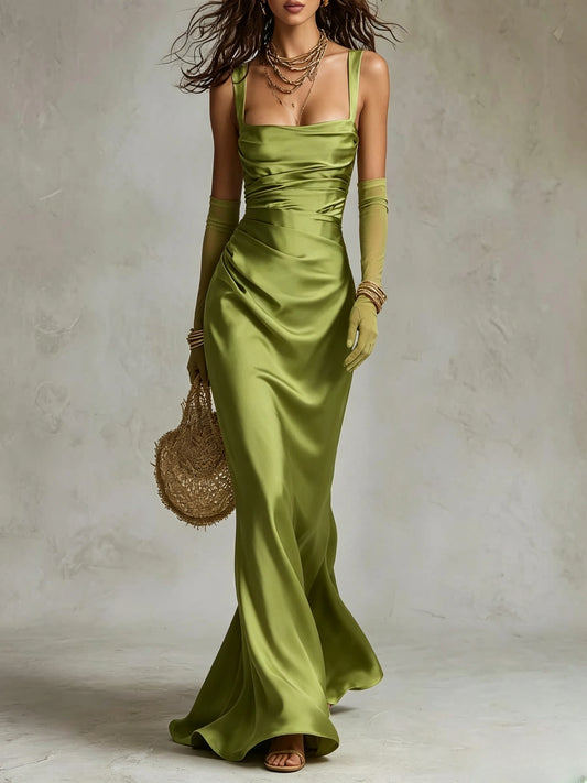 Olive Green Satin Ruched Maxi Dress with Gloves