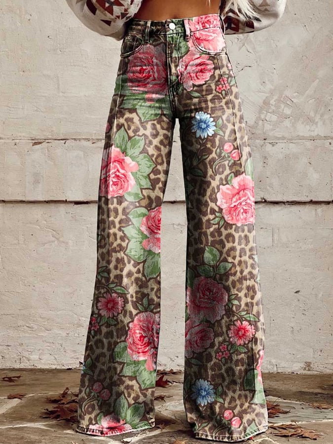 Women's Vintage Botanical Floral Wide Leg Pants