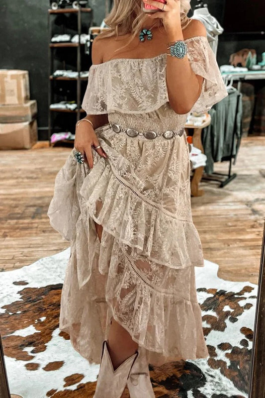 Bohemian Western One Shoulder Lace Irregular Ruffle Dress