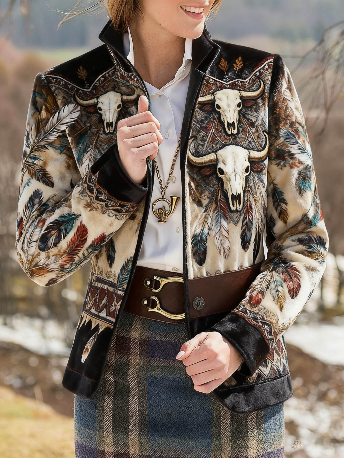 Women's Vintage Feather and Skull Print Slim Fit Suit Jacket