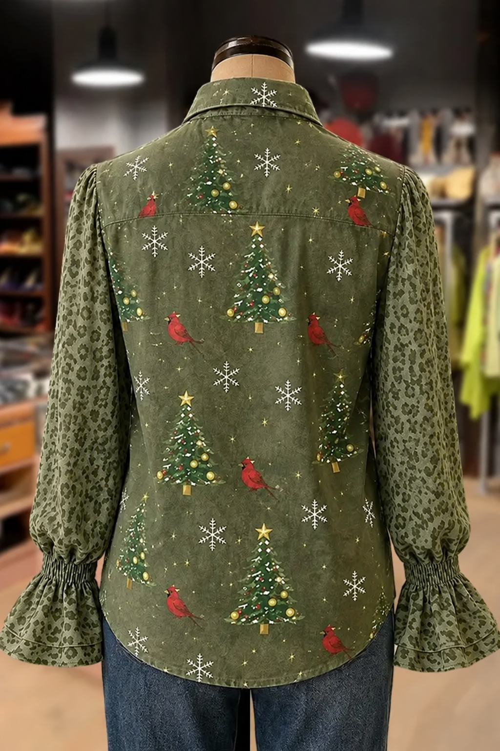 Christmas Tree Print Leopard Bell Sleeve Blouse